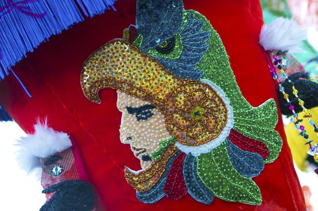 A Spanish Conquistador is depicted on the side of this traditional Morelos, Mexico Chinelo, dancer, mask, Tuesday, Jan. 8, 2013. The "Comparza Morelense," a local Las Vegas cultural dance troupe, has been invited to perform at President Obama's inauguration parade on January 21.